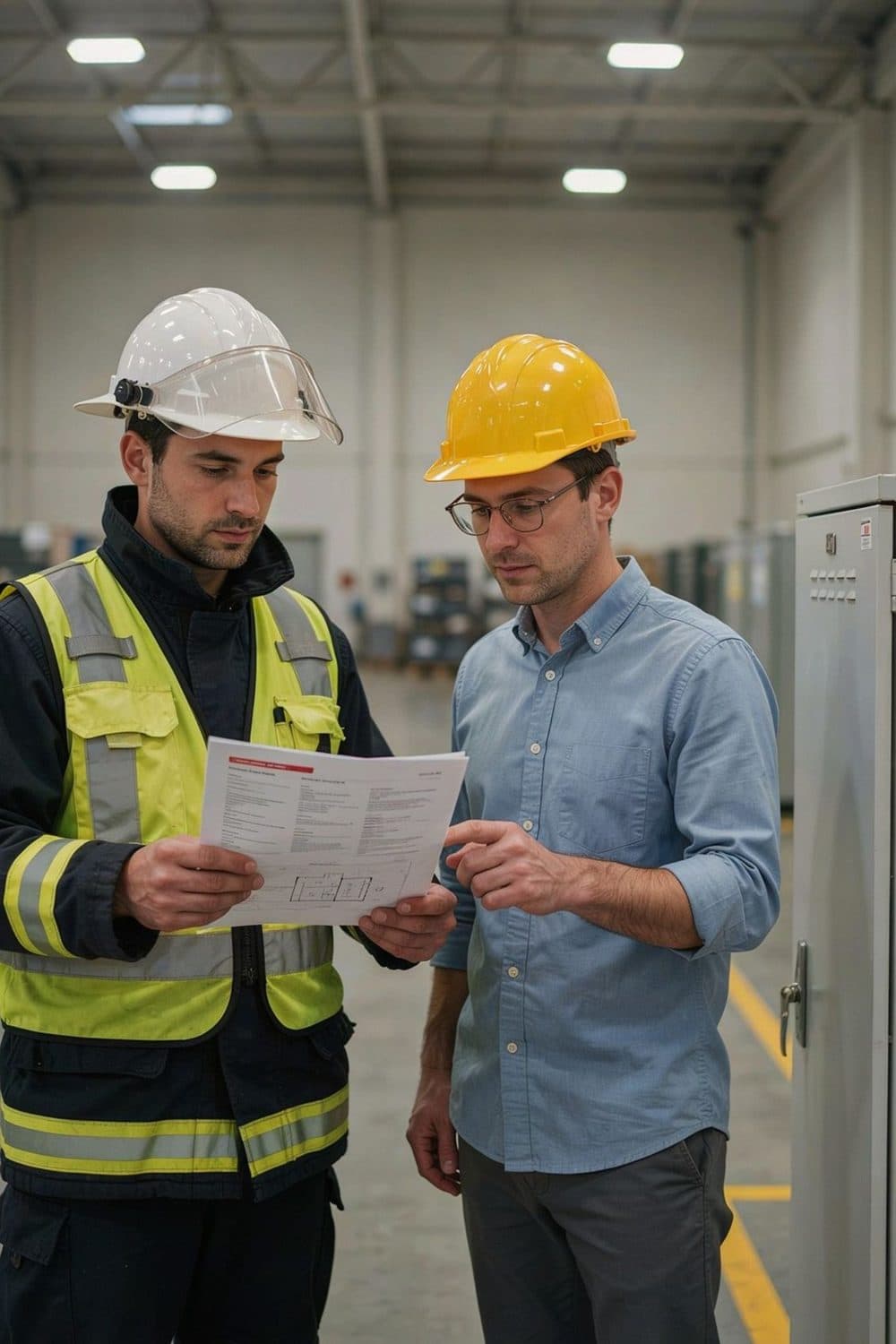 Two Nordeston engineers reviewing a document on a factory floor