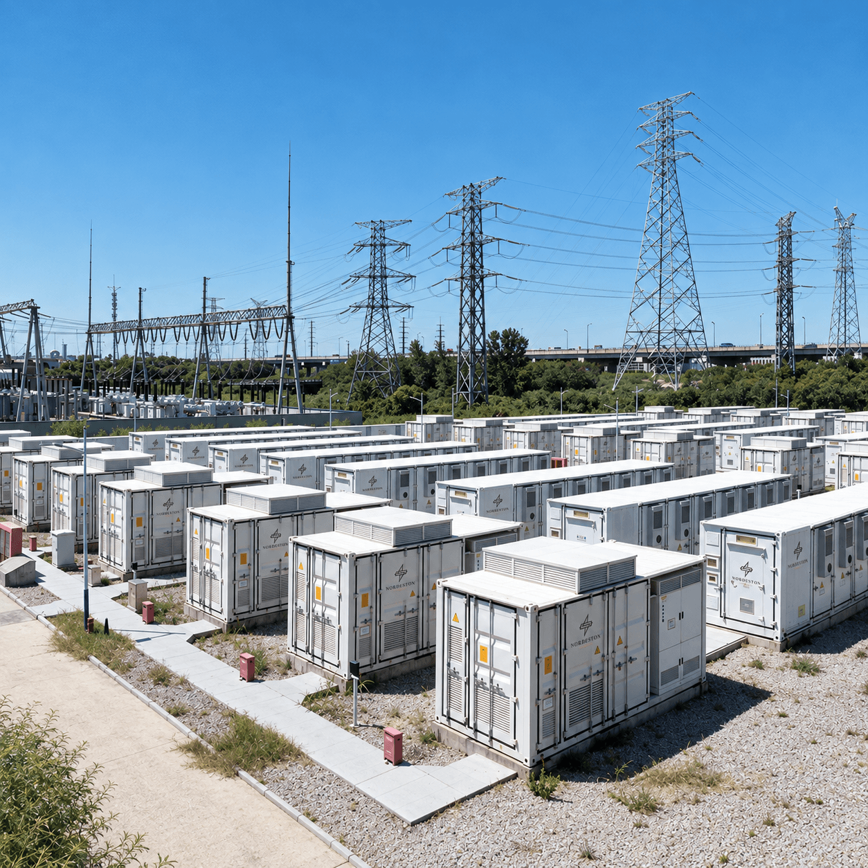 Utility-scale battery energy storage installation with Nordeston-branded containers and adjacent electrical transmission infrastructure.