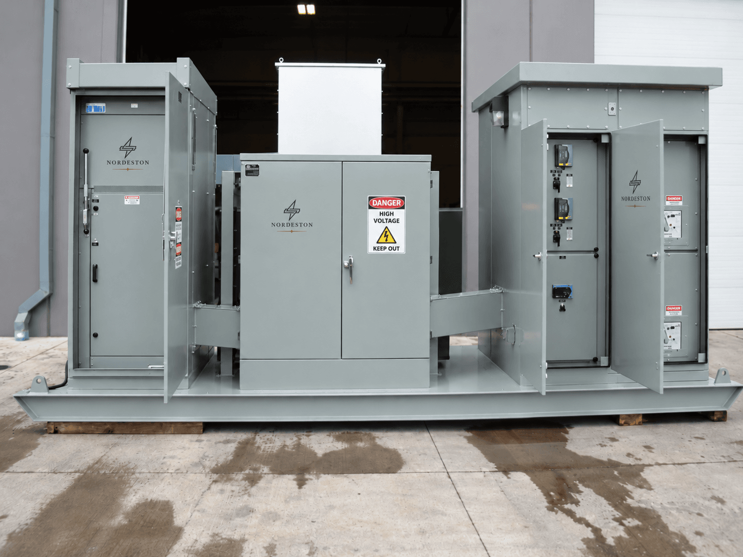 Nordeston PowerPlatform integrated electrical skid with transformer and electrical equipment enclosures on a common structural base.