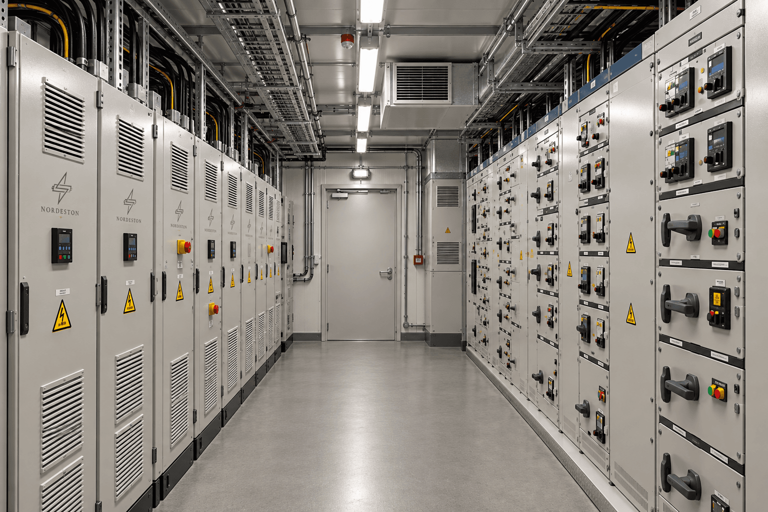 Interior of a Nordeston modular E-House with integrated electrical switchgear, distribution panels, cable trays, and HVAC systems.