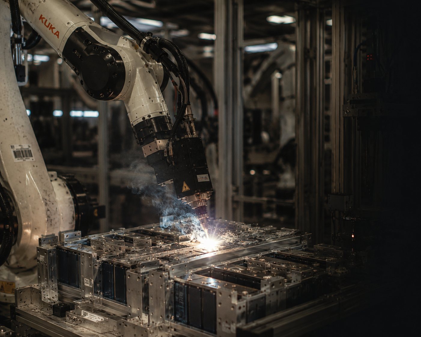 KUKA industrial robot performing laser welding on battery module assemblies at Nordeston Turkiye manufacturing facility