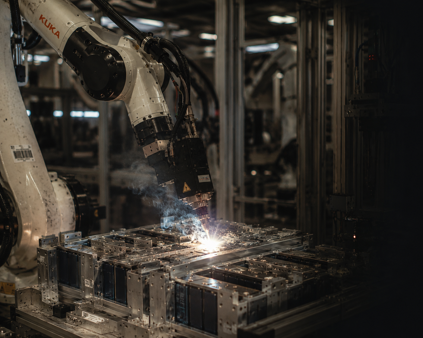 KUKA industrial robot performing laser welding on battery module assemblies at Nordeston Turkiye manufacturing facility