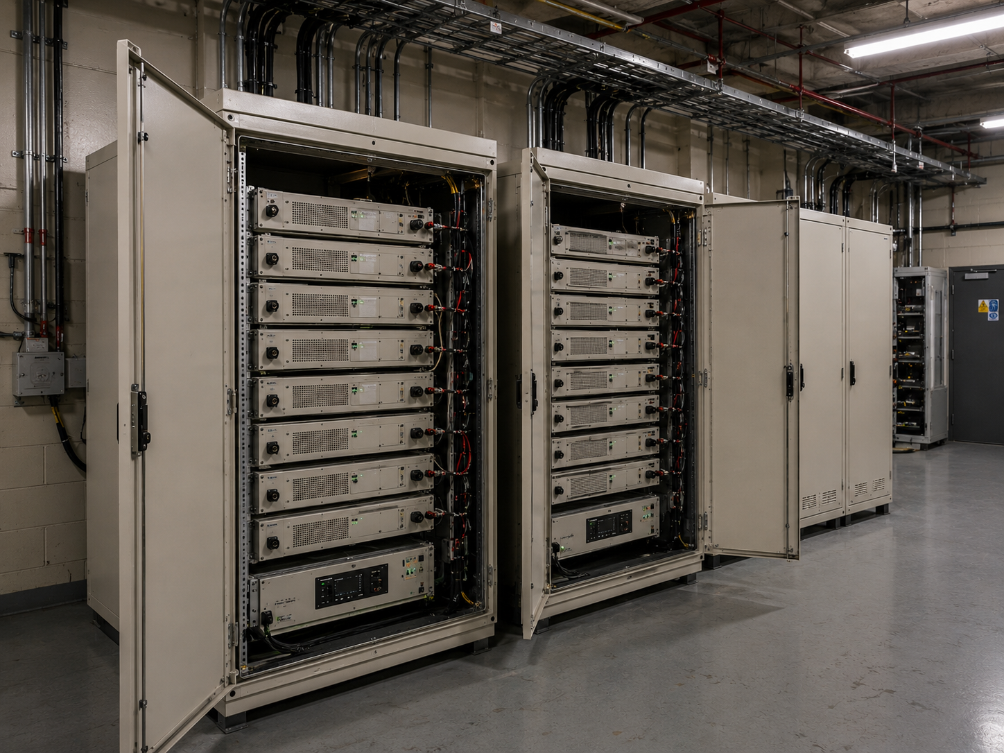 Industrial supercapacitor cabinet installation in a data center electrical room