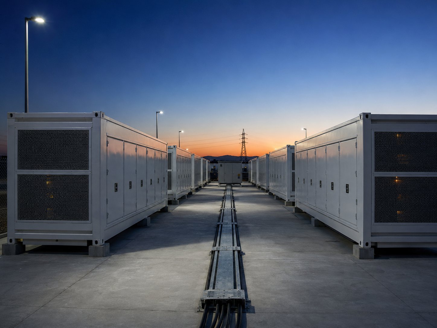 Utility-scale battery energy storage installation at twilight