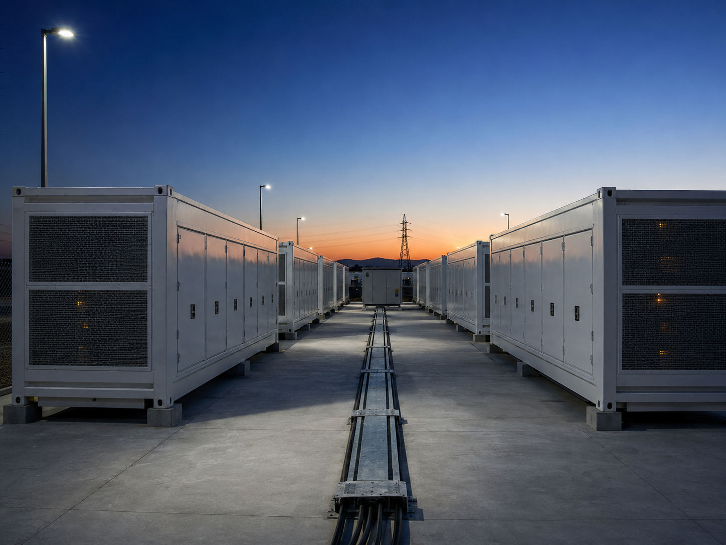 Utility-scale battery energy storage installation at twilight