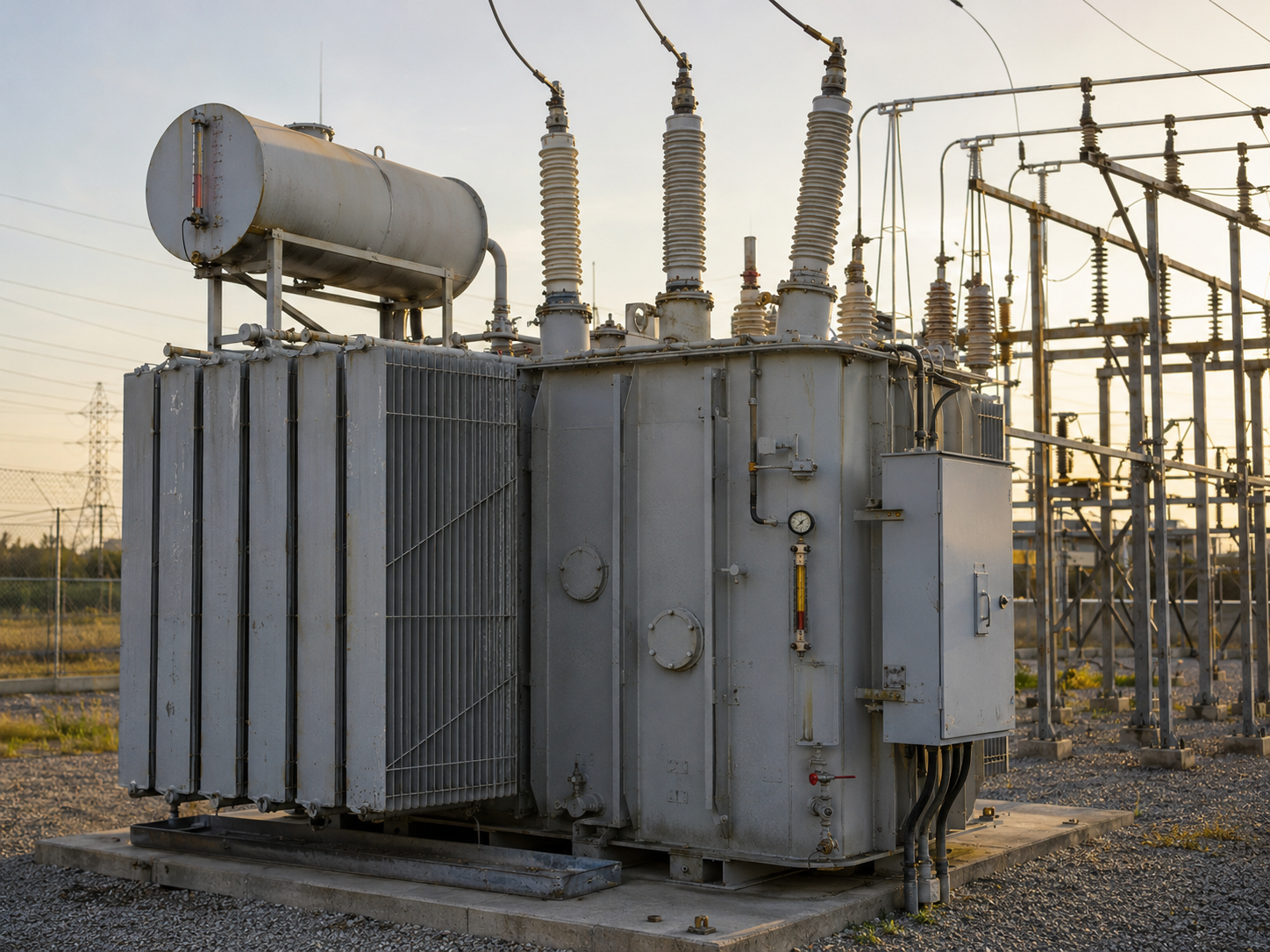 Industrial power transformer at an operating substation